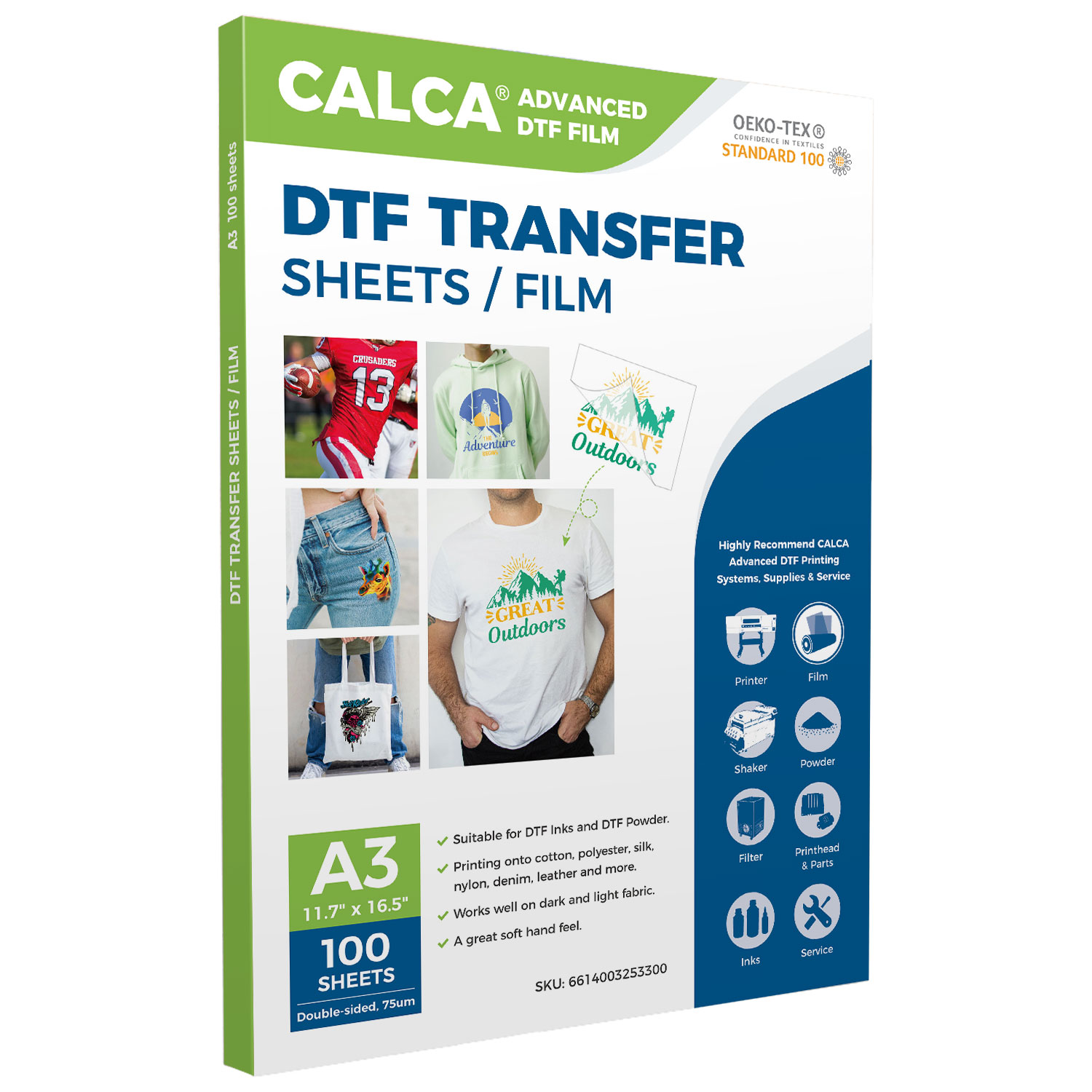 CALCA Pro A3 - 11.7in x 16.5in / 29.7cm x 41.9cm DTF Transfer Film - Double Sided, Warm Peel- 100 Sheets / pack