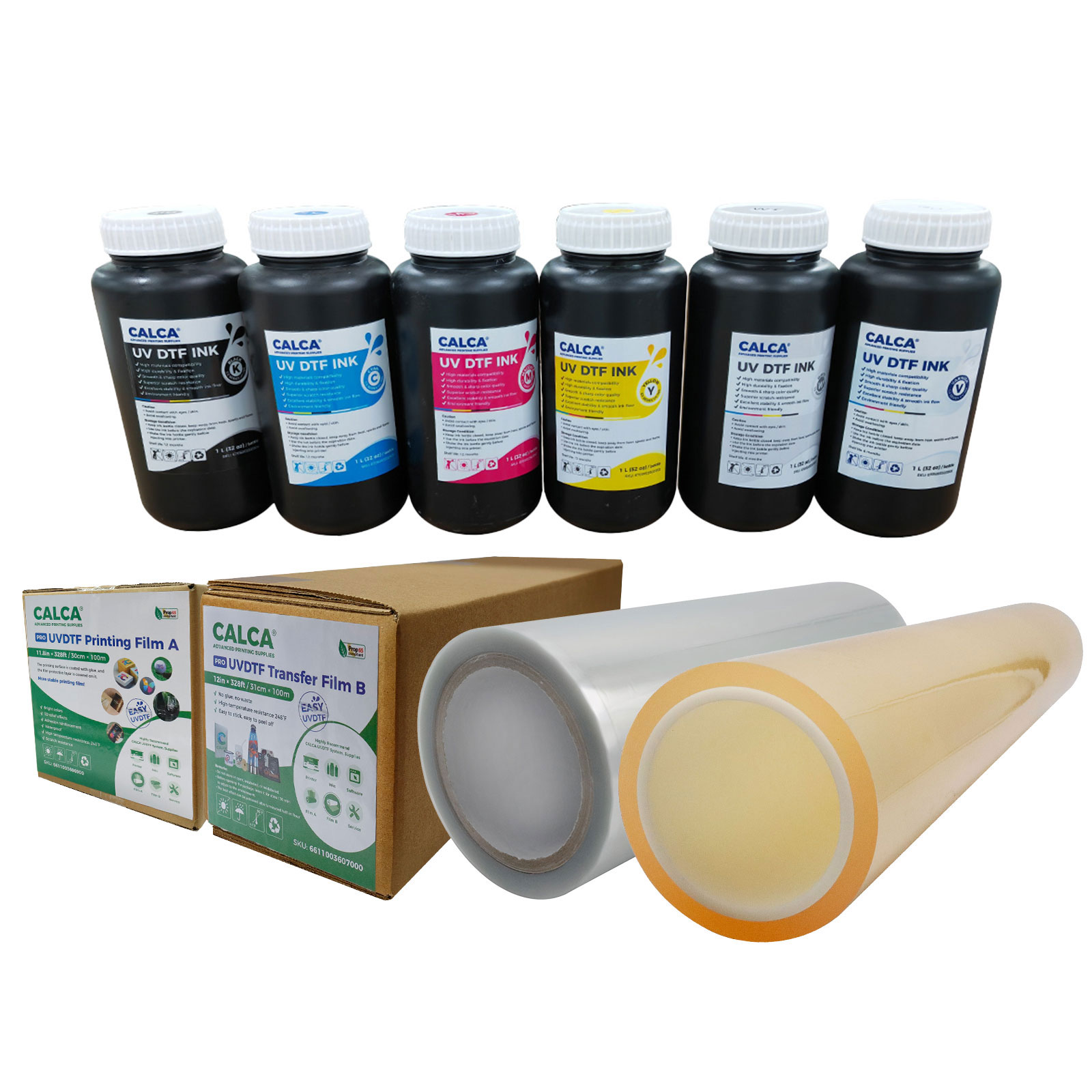 CALCA 12in UVDTF Film Rolls Printing Starter Supply Pack (1L CMYK, 1L W Ink,1L V Ink, 11.8in Film A 1 Roll, 12in Film B 1 Roll)