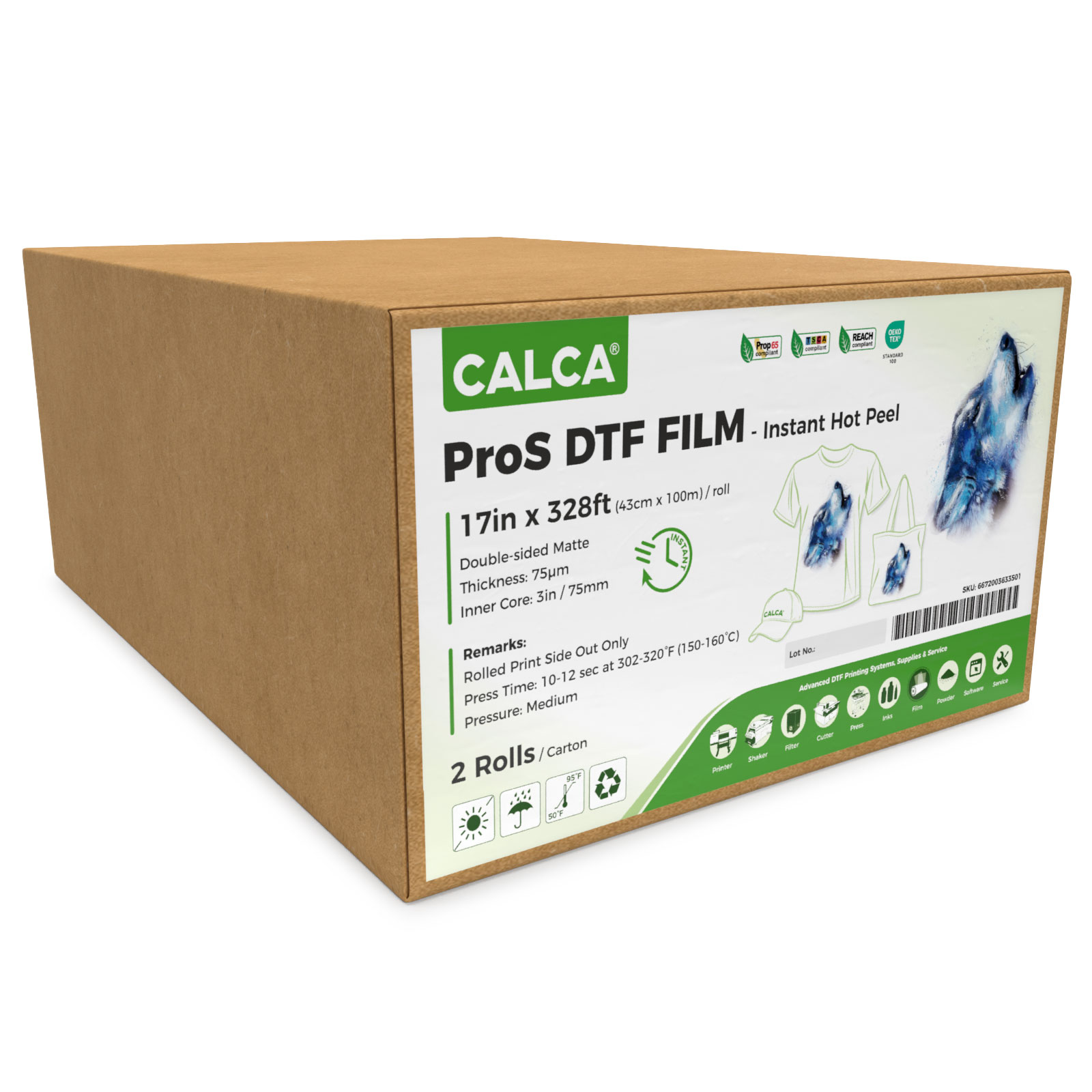 2 Rolls / Pack CALCA ProS Instant Hot Peel 17in x 328ft / 43cm x 100m DTF Transfer Film, Double Sided